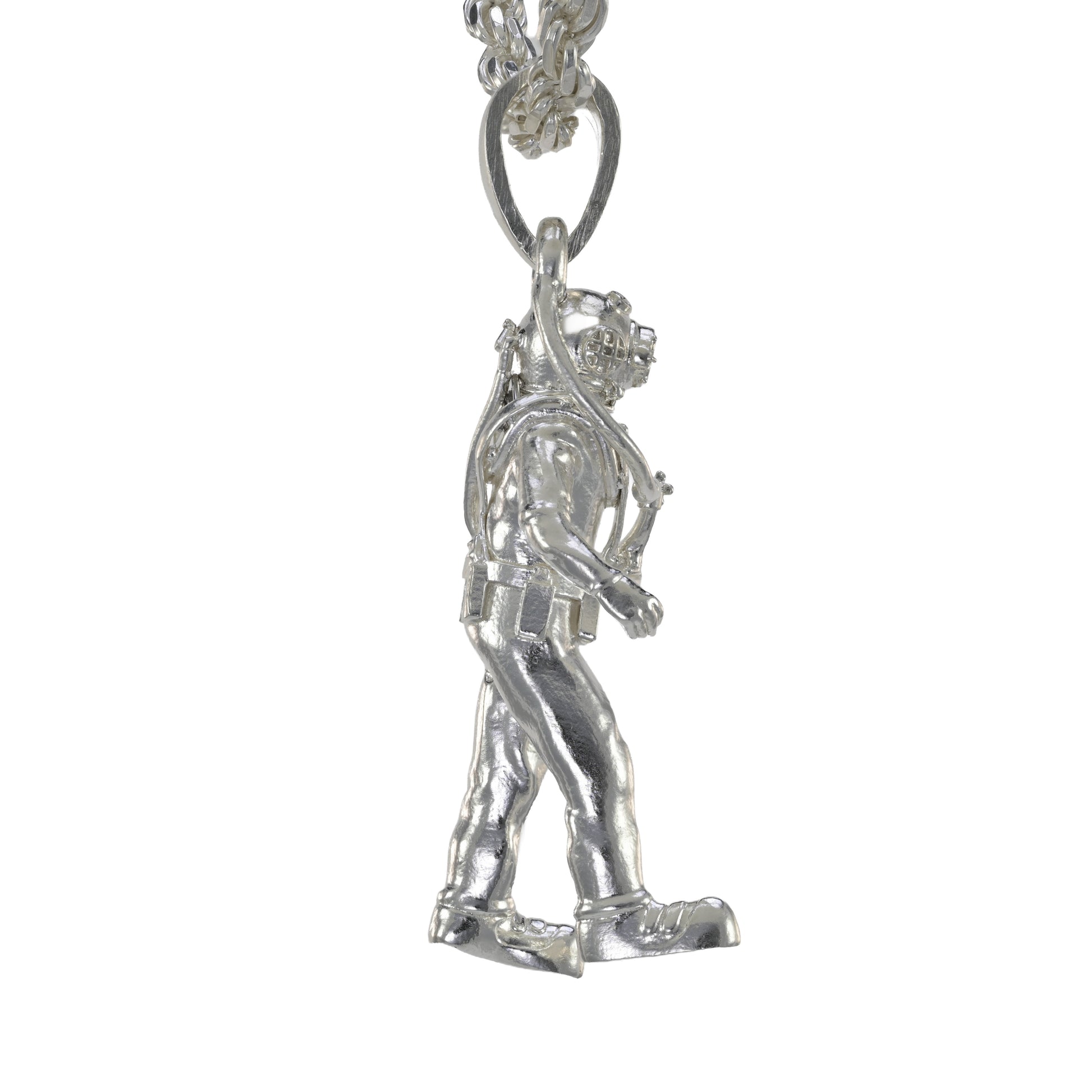 Traditional hard hat diver pendant made in sterling silver on a rope necklace