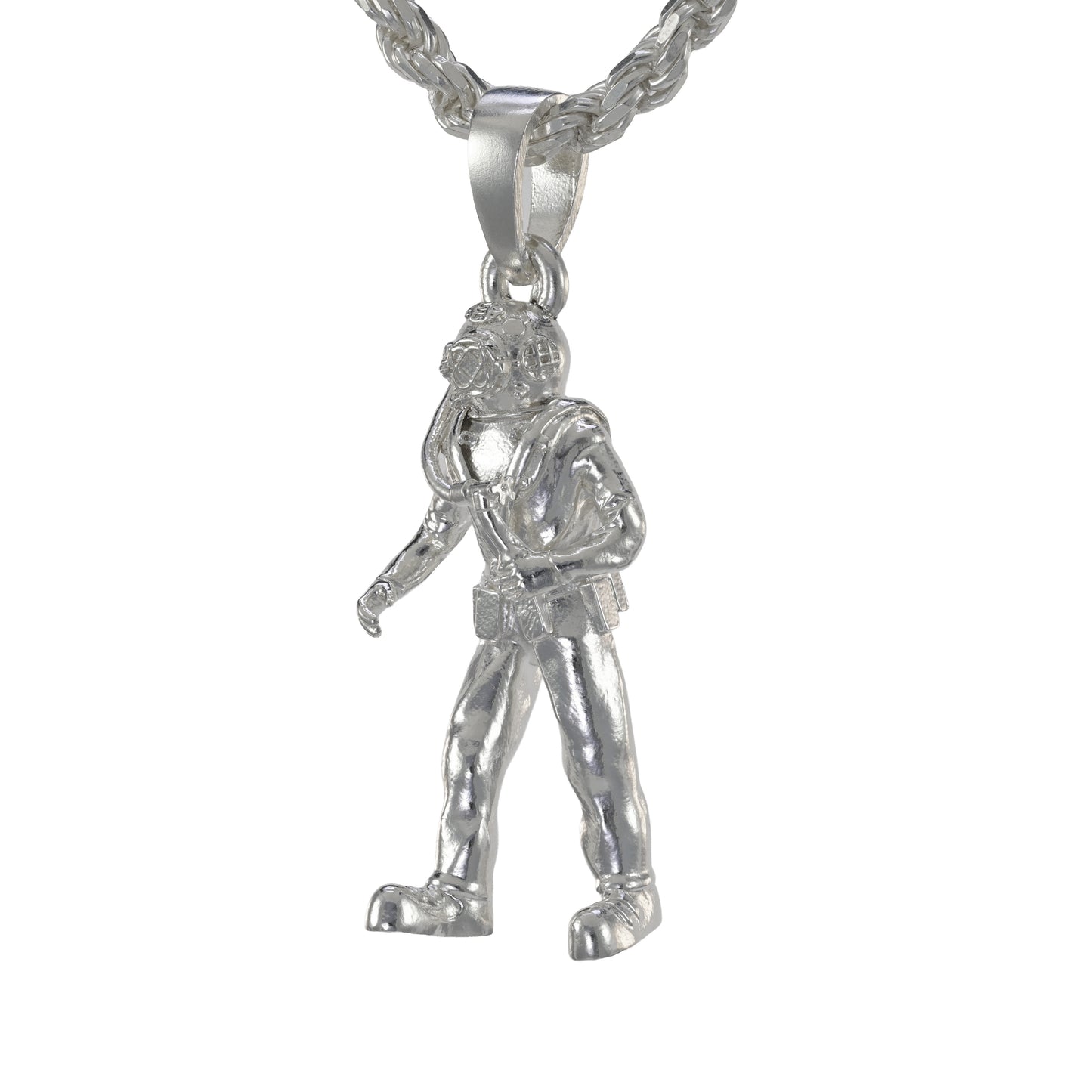 Traditional hard hat diver pendant made in sterling silver on a rope necklace