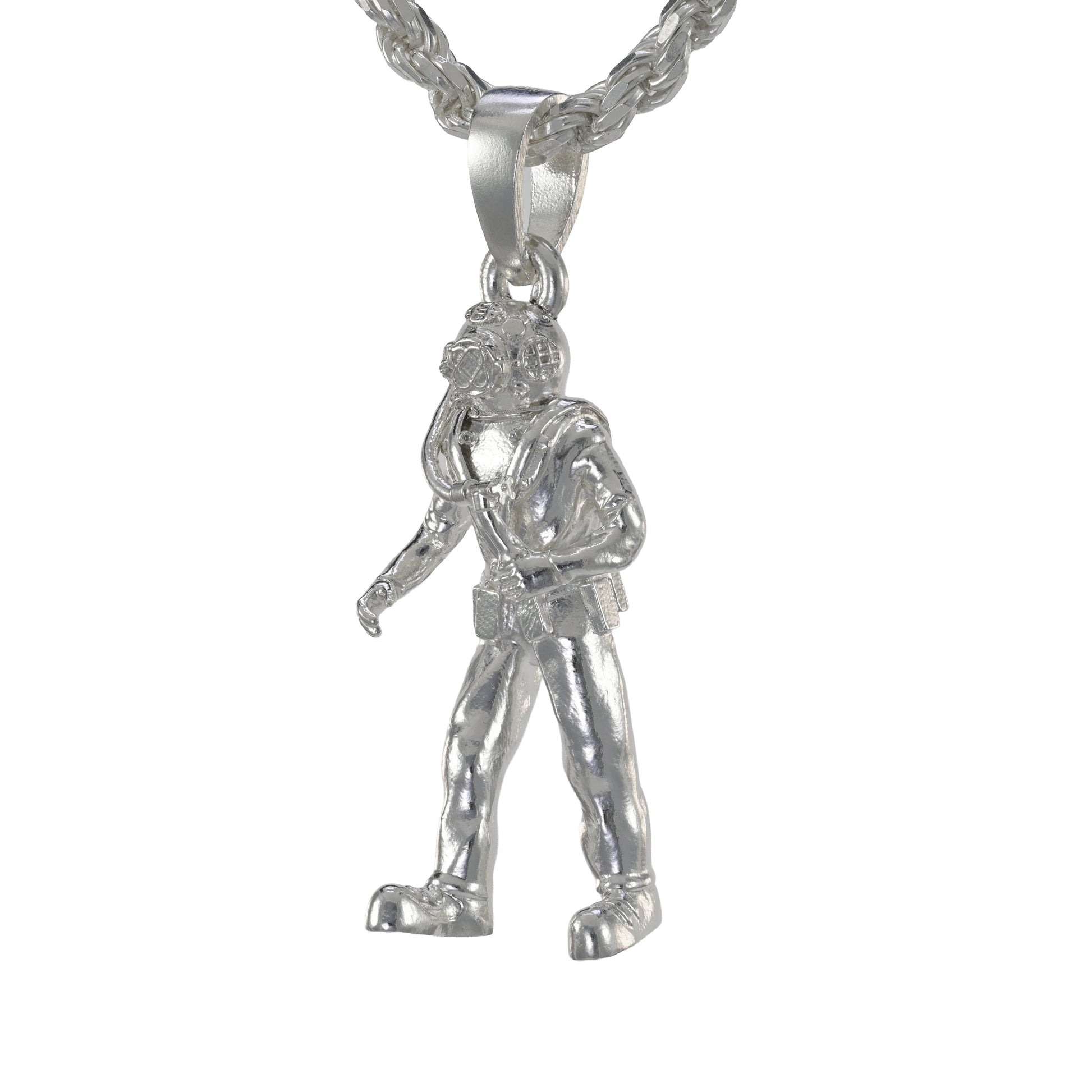Traditional hard hat diver pendant made in sterling silver on a rope necklace