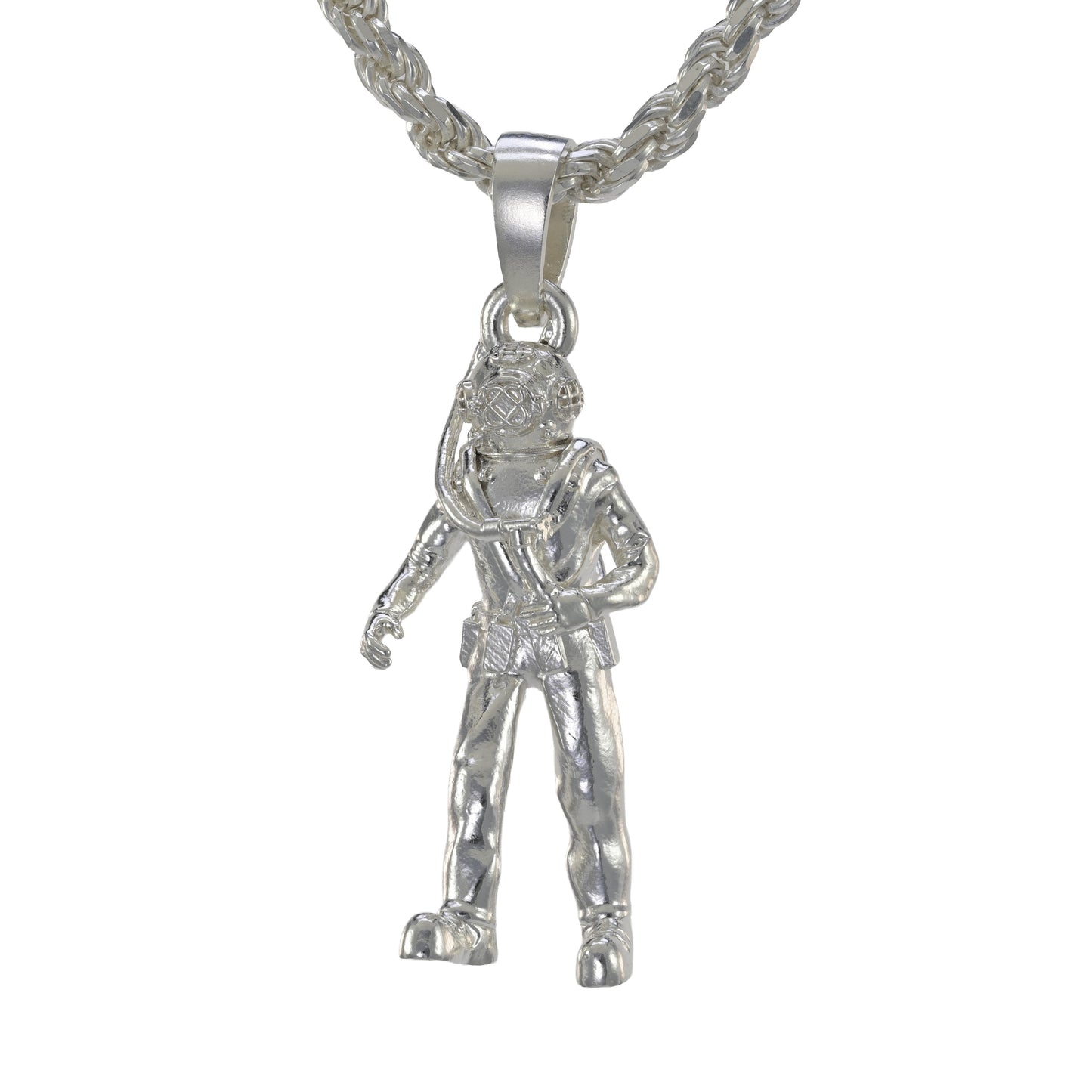 Traditional hard hat diver pendant made in sterling silver on a rope necklace