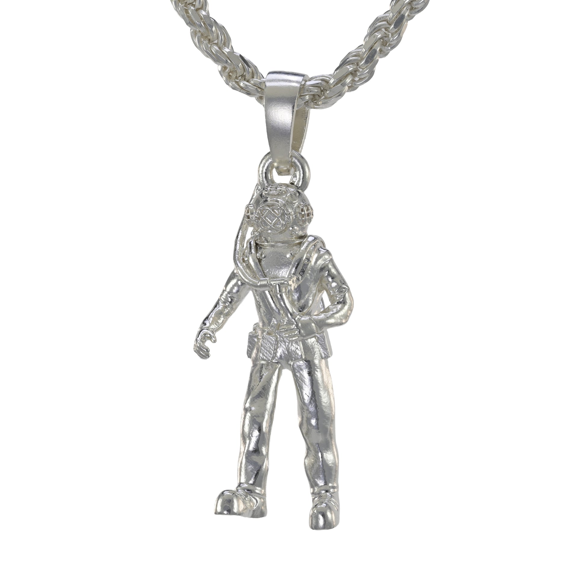 Traditional hard hat diver pendant made in sterling silver on a rope necklace