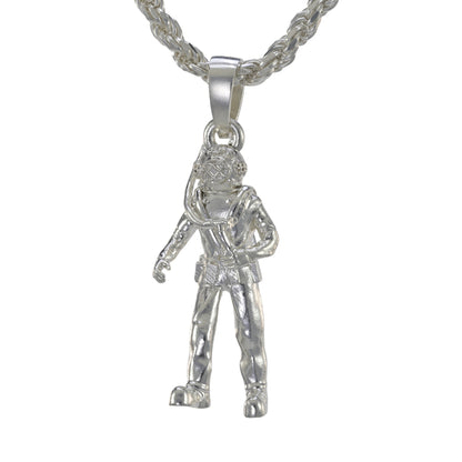Traditional hard hat diver pendant made in sterling silver on a rope necklace